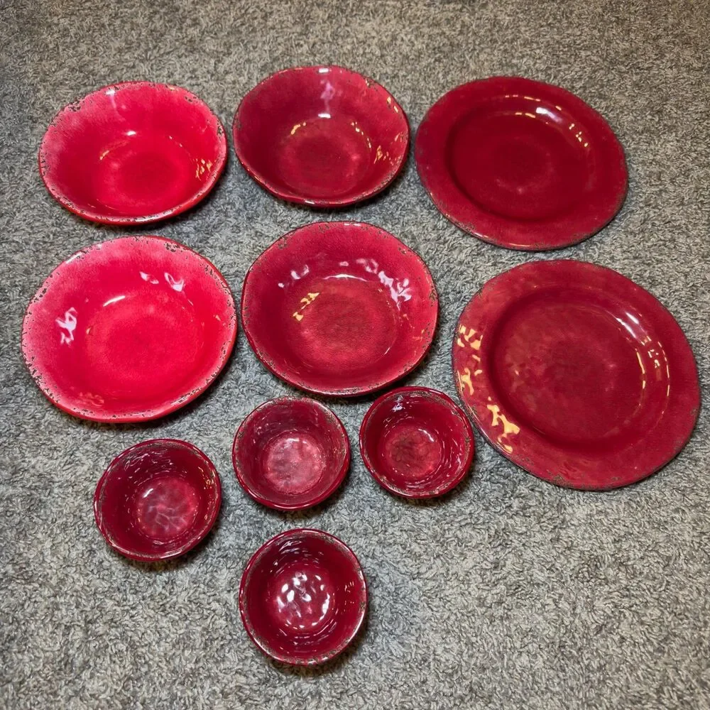 Pier 1 Carmelo Melamine Bowls Pink Red Crackle Plates Bowls Snack Dish LOT of 10